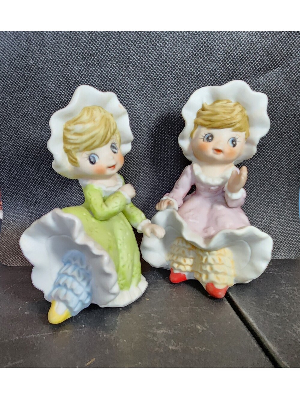 Set of 2 Bloomer Girls Big Bonnet Ceramic Porcelain Figurine Cottage